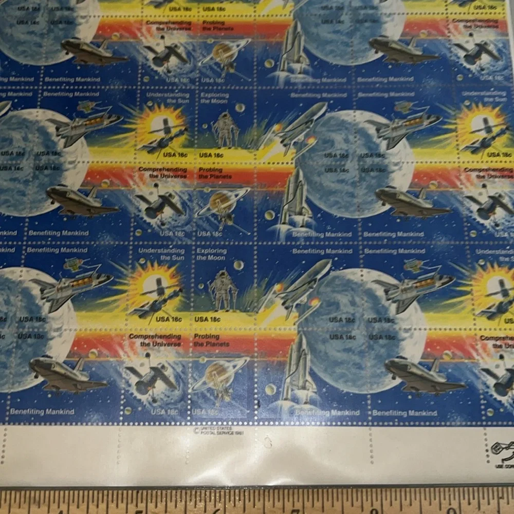 1981 U.S. Postal Stamps Space moon benefiting mankind full sheet